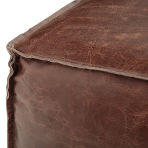 HomeRoots 18" Brown Leather Pouf Ottoman - Versatile Modern-Bohemian Accent, Footrest & Extra Seating Solution 638573