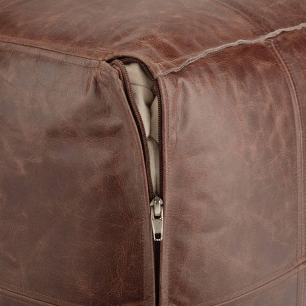 HomeRoots 18" Brown Leather Pouf Ottoman - Versatile Modern-Bohemian Accent, Footrest & Extra Seating Solution 638573