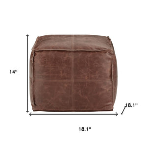 HomeRoots 18" Brown Leather Pouf Ottoman - Versatile Modern-Bohemian Accent, Footrest & Extra Seating Solution 638573