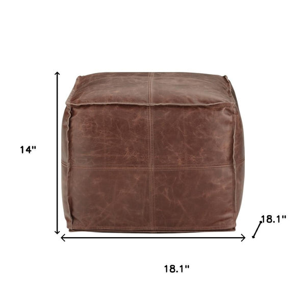 HomeRoots 18" Brown Leather Pouf Ottoman - Versatile Modern-Bohemian Accent, Footrest & Extra Seating Solution 638573