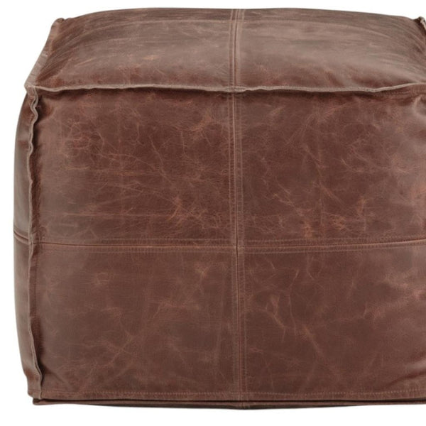 HomeRoots 18" Brown Leather Pouf Ottoman - Versatile Modern-Bohemian Accent, Footrest & Extra Seating Solution 638573