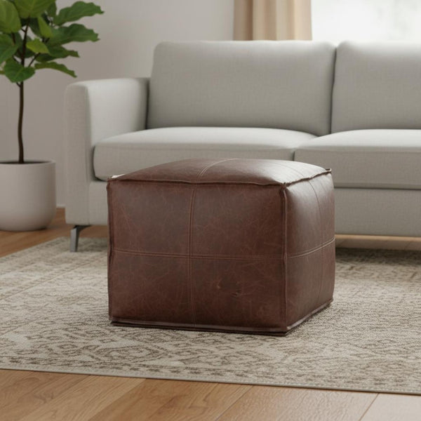 HomeRoots 18" Brown Leather Pouf Ottoman - Versatile Modern-Bohemian Accent, Footrest & Extra Seating Solution 638573