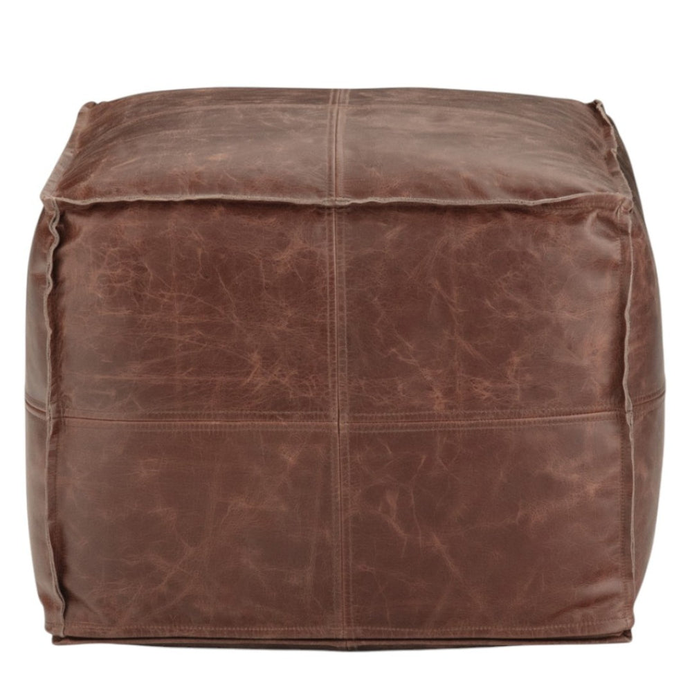 HomeRoots 18" Brown Leather Pouf Ottoman - Versatile Modern-Bohemian Accent, Footrest & Extra Seating Solution 638573