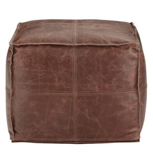 HomeRoots 18" Brown Leather Pouf Ottoman - Versatile Modern-Bohemian Accent, Footrest & Extra Seating Solution 638573