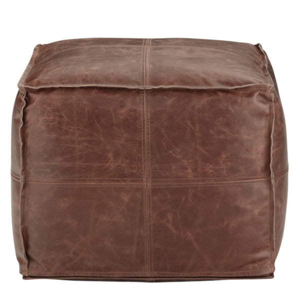 HomeRoots 18" Brown Leather Pouf Ottoman - Versatile Modern-Bohemian Accent, Footrest & Extra Seating Solution 638573