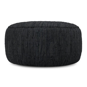HomeRoots 30" Black Leather Round Pouf Ottoman - Versatile Accent for Seating, Footrest, or Stylish Tabletop Use 638574