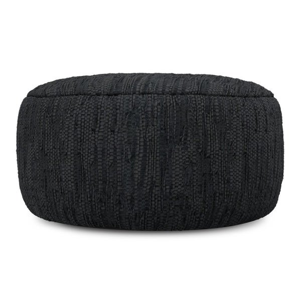 HomeRoots 30" Black Leather Round Pouf Ottoman - Versatile Accent for Seating, Footrest, or Stylish Tabletop Use 638574
