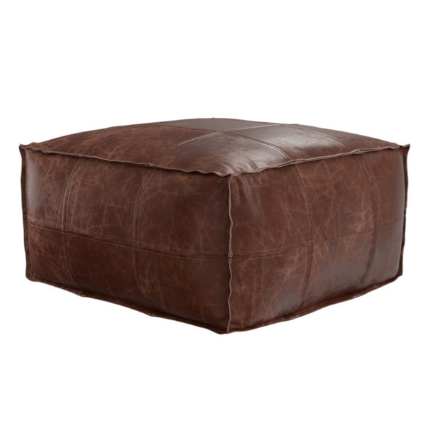 HomeRoots 26" Brown Leather Pouf Ottoman - Stylish Versatile Seating & Footrest for Modern Living Spaces 638575