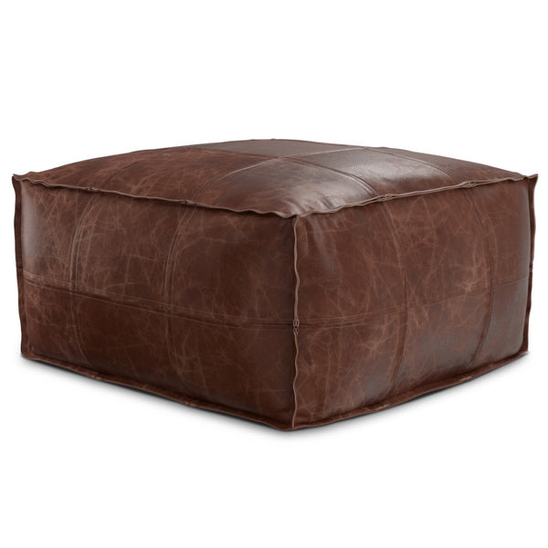 HomeRoots 26" Brown Leather Pouf Ottoman - Stylish Versatile Seating & Footrest for Modern Living Spaces 638575