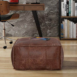HomeRoots 26" Brown Leather Pouf Ottoman - Stylish Versatile Seating & Footrest for Modern Living Spaces 638575