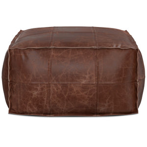 HomeRoots 26" Brown Leather Pouf Ottoman - Stylish Versatile Seating & Footrest for Modern Living Spaces 638575