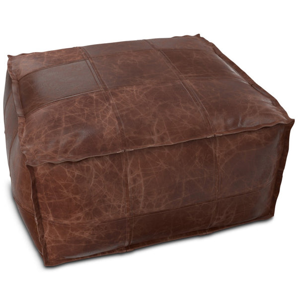 HomeRoots 26" Brown Leather Pouf Ottoman - Stylish Versatile Seating & Footrest for Modern Living Spaces 638575