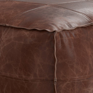 HomeRoots 26" Brown Leather Pouf Ottoman - Stylish Versatile Seating & Footrest for Modern Living Spaces 638575