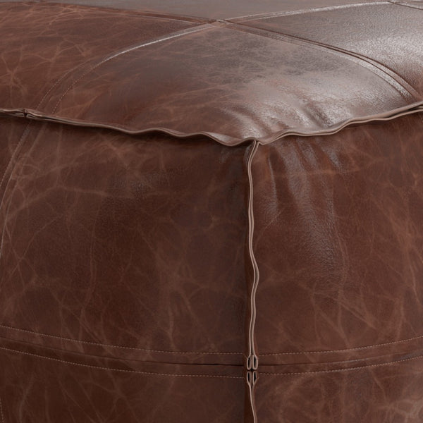 HomeRoots 26" Brown Leather Pouf Ottoman - Stylish Versatile Seating & Footrest for Modern Living Spaces 638575