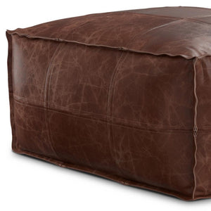 HomeRoots 26" Brown Leather Pouf Ottoman - Stylish Versatile Seating & Footrest for Modern Living Spaces 638575