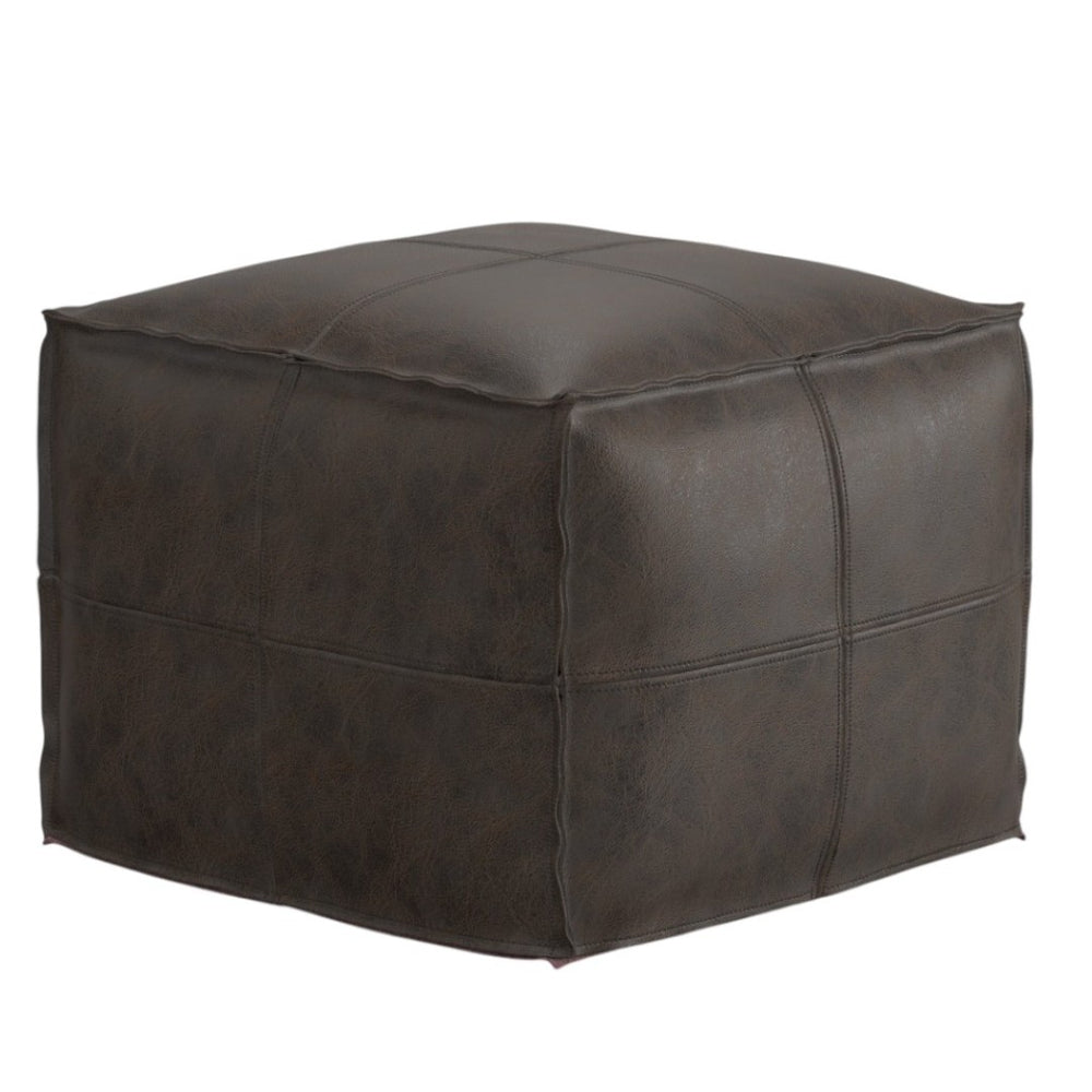 HomeRoots 18" Brown Leather Pouf Ottoman – Versatile Footrest & Extra Seat for Stylish Modern Interiors 638576