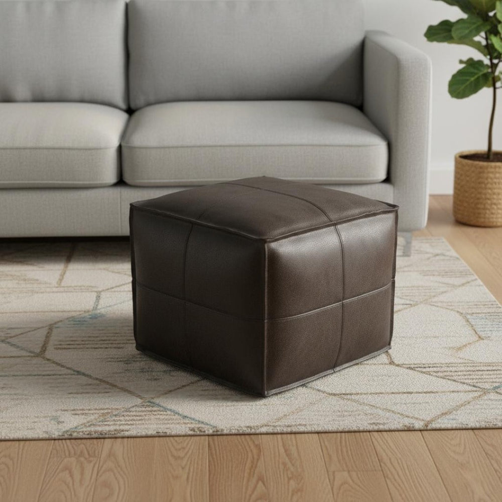 HomeRoots 18" Brown Leather Pouf Ottoman – Versatile Footrest & Extra Seat for Stylish Modern Interiors 638576