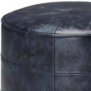 HomeRoots 18" Blue Leather Round Pouf Ottoman - Chic Modern Seating, Stylish Footrest & Versatile Home Accent 638577