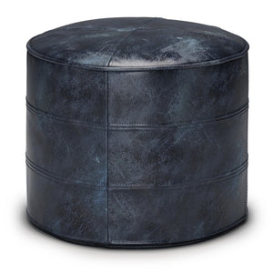 HomeRoots 18" Blue Leather Round Pouf Ottoman - Chic Modern Seating, Stylish Footrest & Versatile Home Accent 638577