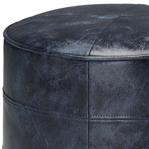 HomeRoots 18" Blue Leather Round Pouf Ottoman - Chic Modern Seating, Stylish Footrest & Versatile Home Accent 638577