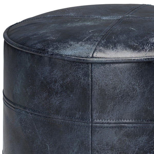 HomeRoots 18" Blue Leather Round Pouf Ottoman - Chic Modern Seating, Stylish Footrest & Versatile Home Accent 638577