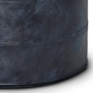 HomeRoots 18" Blue Leather Round Pouf Ottoman - Chic Modern Seating, Stylish Footrest & Versatile Home Accent 638577