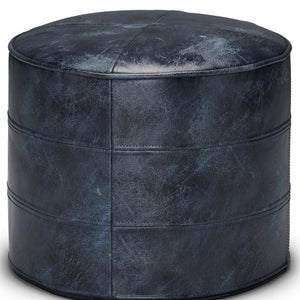 HomeRoots 18" Blue Leather Round Pouf Ottoman - Chic Modern Seating, Stylish Footrest & Versatile Home Accent 638577