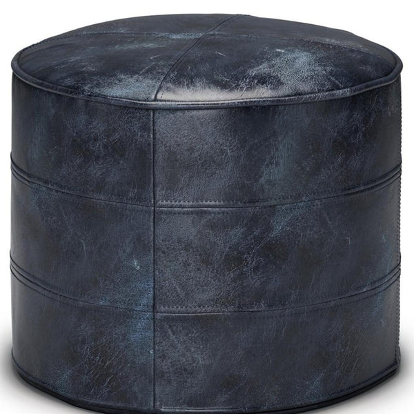 HomeRoots 18" Blue Leather Round Pouf Ottoman - Chic Modern Seating, Stylish Footrest & Versatile Home Accent 638577