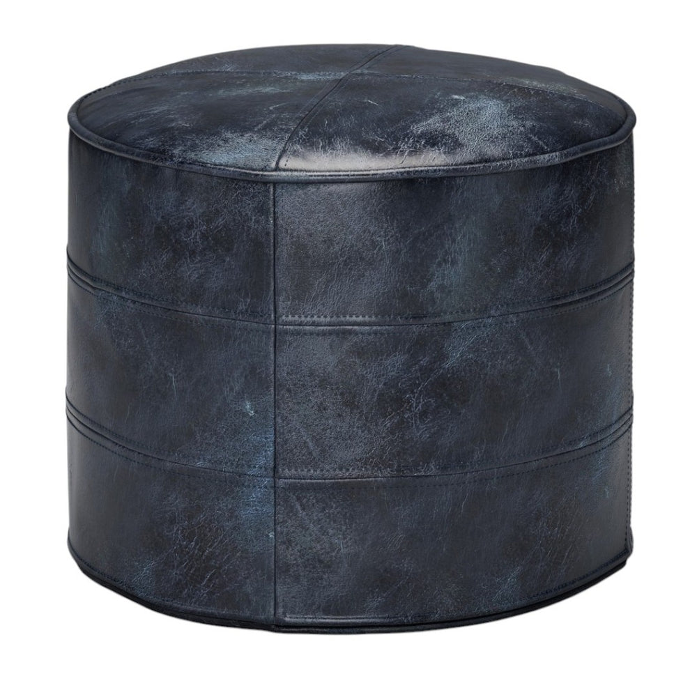 HomeRoots 18" Blue Leather Round Pouf Ottoman - Chic Modern Seating, Stylish Footrest & Versatile Home Accent 638577