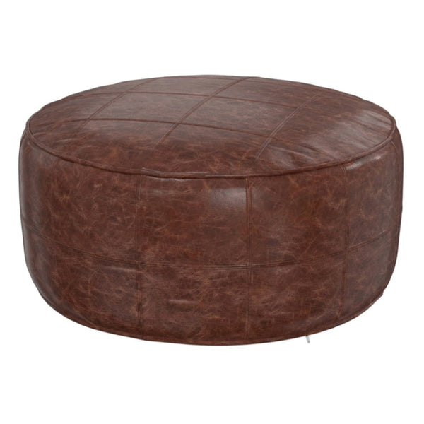 HomeRoots 34" Brown Leather Round Pouf Ottoman - Versatile Footrest, Extra Seating & Stylish Accent for Any Room 638578
