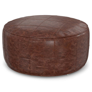 HomeRoots 34" Brown Leather Round Pouf Ottoman - Versatile Footrest, Extra Seating & Stylish Accent for Any Room 638578