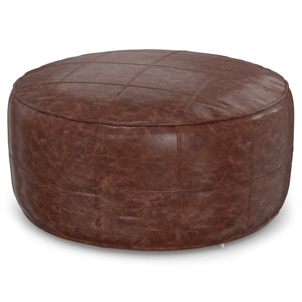 HomeRoots 34" Brown Leather Round Pouf Ottoman - Versatile Footrest, Extra Seating & Stylish Accent for Any Room 638578
