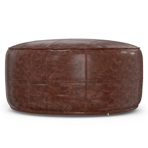 HomeRoots 34" Brown Leather Round Pouf Ottoman - Versatile Footrest, Extra Seating & Stylish Accent for Any Room 638578