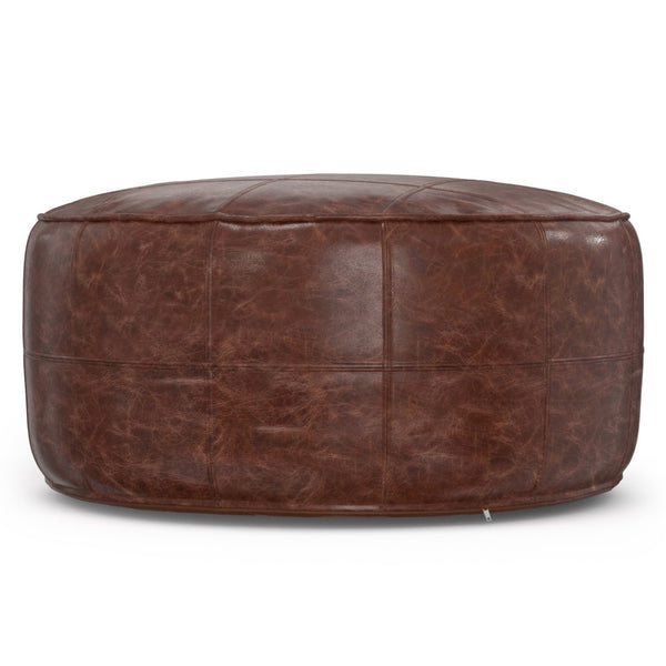 HomeRoots 34" Brown Leather Round Pouf Ottoman - Versatile Footrest, Extra Seating & Stylish Accent for Any Room 638578