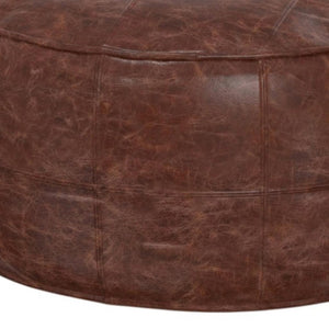 HomeRoots 34" Brown Leather Round Pouf Ottoman - Versatile Footrest, Extra Seating & Stylish Accent for Any Room 638578