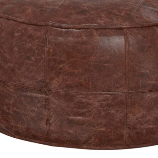 HomeRoots 34" Brown Leather Round Pouf Ottoman - Versatile Footrest, Extra Seating & Stylish Accent for Any Room 638578