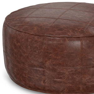 HomeRoots 34" Brown Leather Round Pouf Ottoman - Versatile Footrest, Extra Seating & Stylish Accent for Any Room 638578