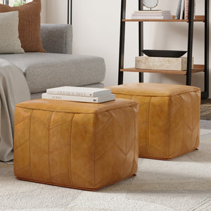 HomeRoots 18" Brown Leather Pouf Ottoman - Versatile Accent Piece for Modern Living, Bedroom, or Nursery Decor 638579