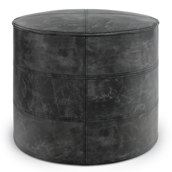 HomeRoots 18" Black Leather Round Pouf Ottoman - Chic Versatile Accent for Living Rooms, Bedrooms & More! 638580