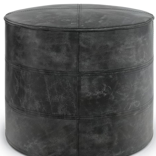 HomeRoots 18" Black Leather Round Pouf Ottoman - Chic Versatile Accent for Living Rooms, Bedrooms & More! 638580
