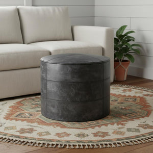 HomeRoots 18" Black Leather Round Pouf Ottoman - Chic Versatile Accent for Living Rooms, Bedrooms & More! 638580