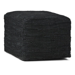 HomeRoots 18" Black Leather Pouf Ottoman - Versatile Footrest, Chic Extra Seat & Stylish Accent Table for Any Room 638581