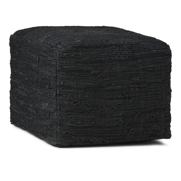 HomeRoots 18" Black Leather Pouf Ottoman - Versatile Footrest, Chic Extra Seat & Stylish Accent Table for Any Room 638581