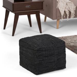 HomeRoots 18" Black Leather Pouf Ottoman - Versatile Footrest, Chic Extra Seat & Stylish Accent Table for Any Room 638581