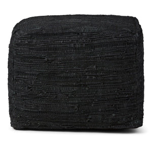 HomeRoots 18" Black Leather Pouf Ottoman - Versatile Footrest, Chic Extra Seat & Stylish Accent Table for Any Room 638581