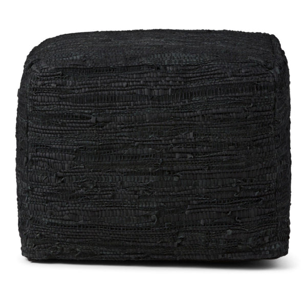 HomeRoots 18" Black Leather Pouf Ottoman - Versatile Footrest, Chic Extra Seat & Stylish Accent Table for Any Room 638581