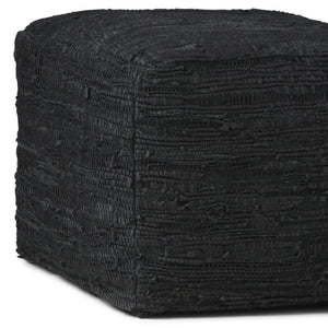 HomeRoots 18" Black Leather Pouf Ottoman - Versatile Footrest, Chic Extra Seat & Stylish Accent Table for Any Room 638581