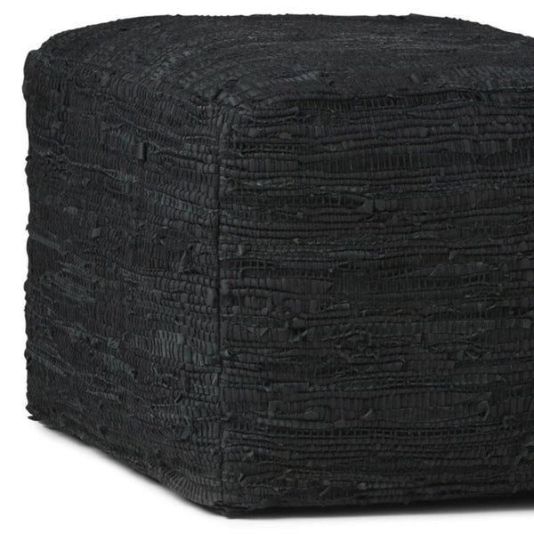 HomeRoots 18" Black Leather Pouf Ottoman - Versatile Footrest, Chic Extra Seat & Stylish Accent Table for Any Room 638581