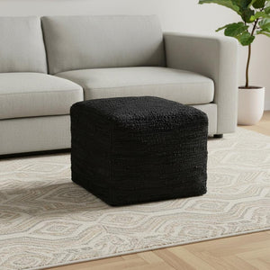 HomeRoots 18" Black Leather Pouf Ottoman - Versatile Footrest, Chic Extra Seat & Stylish Accent Table for Any Room 638581