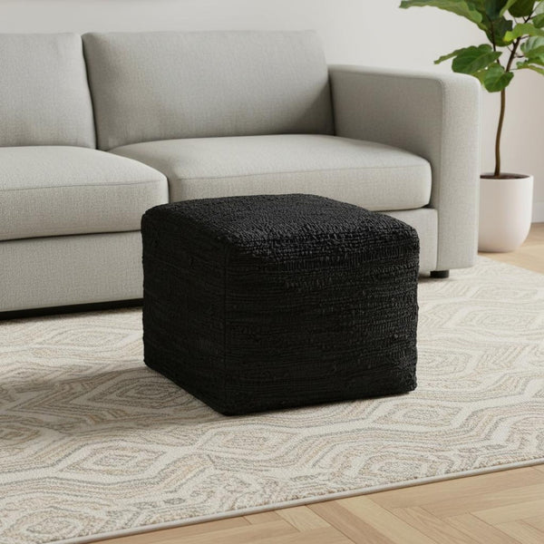 HomeRoots 18" Black Leather Pouf Ottoman - Versatile Footrest, Chic Extra Seat & Stylish Accent Table for Any Room 638581